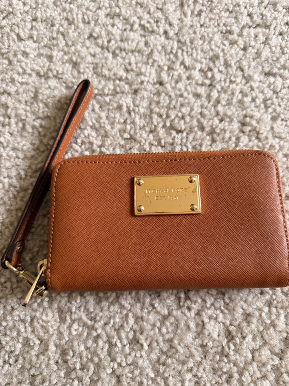 Michael Kors Tan Brown Leather Wristlet with Gold Plate